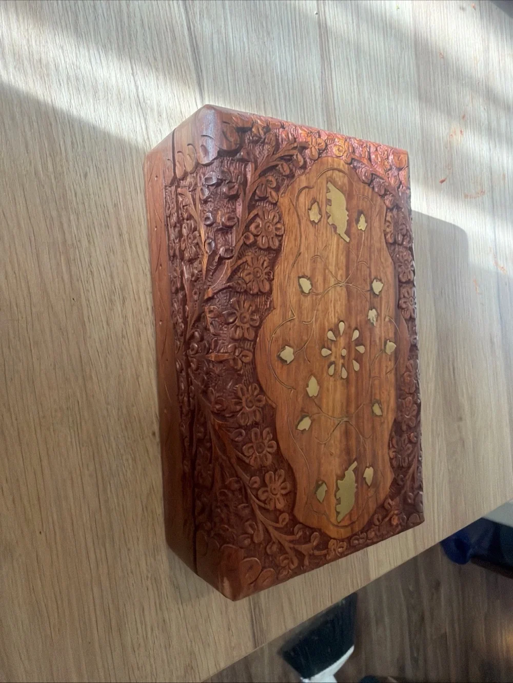 Hand-Carved Wooden Jewelry Box with Inlay